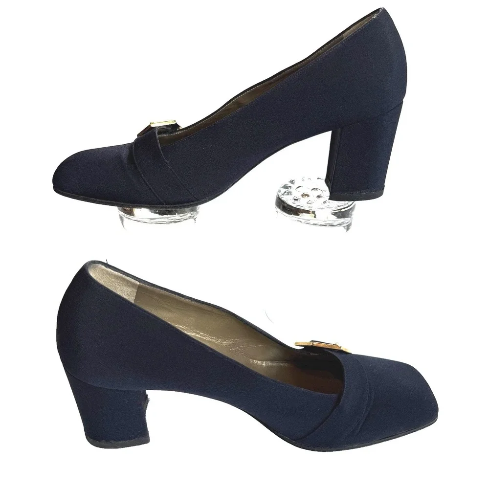 Vtg Yves Saint Laurent Buckle Pump Block Heel Women US 7 N EU 37 Navy Blue Gold - Picture 2 of 12
